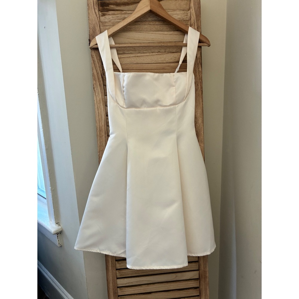 Cream White Satin Bow Back Cocktail Bridal Mini Dress Large Minimalist